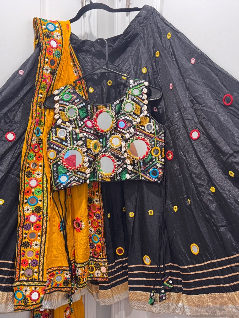 Black and mustard yellow Lengha choli, Chainya chili for garba Navratri